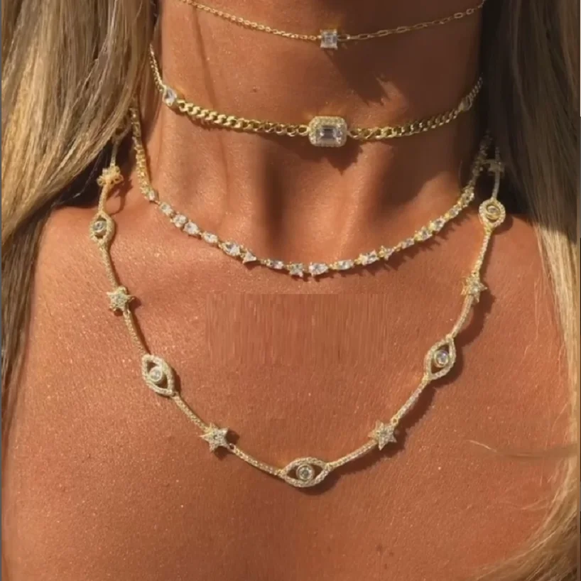 Bling Evil Eye and Star CZ Choker Necklaces for Women Paved Zircon Gold Silver Color Charm Necklace Fashion Jewelry for Party