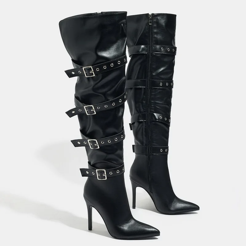 Botas largas de tacón alto con cremallera lateral y hebilla para mujer, botas de caballero por encima de la rodilla estilo Punk para oficina, club nocturno, fiesta, Pub y banquete