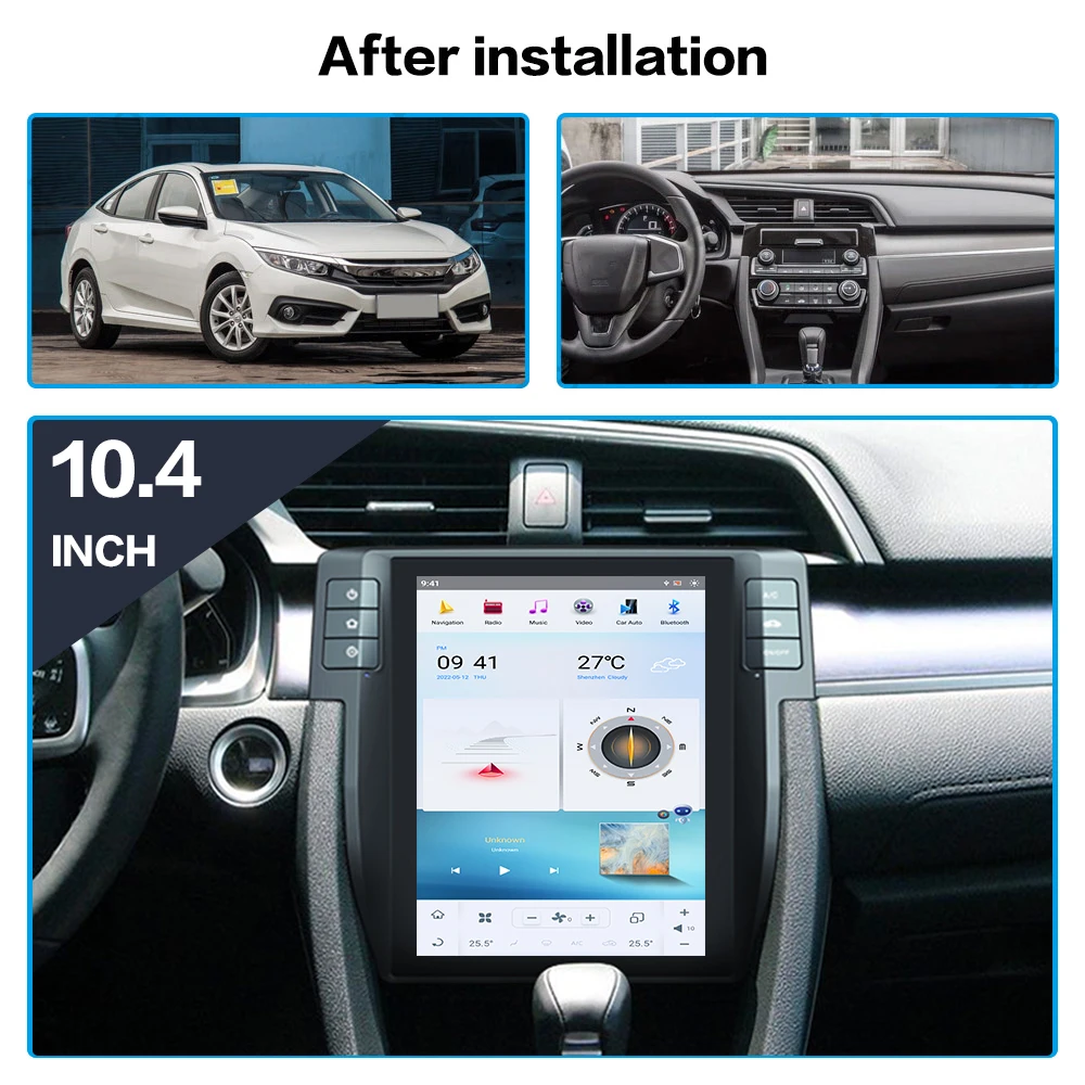 10.4 Inches Vertical Screen Car Radio For Honda Civic 2016 - 2019 Android Qualcomm Car Multimedia Player Gps Auto Carplay Stereo