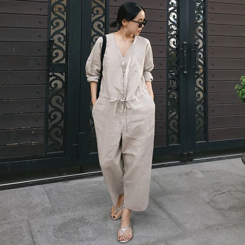 Johnature Korean Simple V-neck Women Jumpsuits 2025 Spring New Loose Button Ankle-length Female Bodysuits
