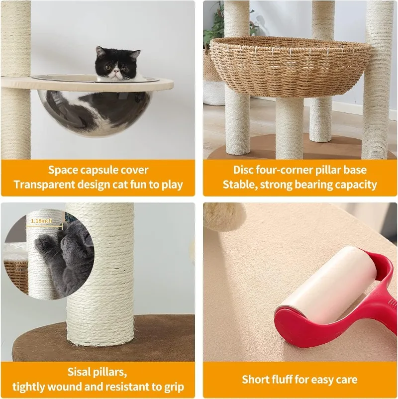 Modern Large Cat Tree Tower, Real Natural Sisal Luxury Cat Condo, Manual Hand Woven Wood, Indoor Cat Scratching Tree