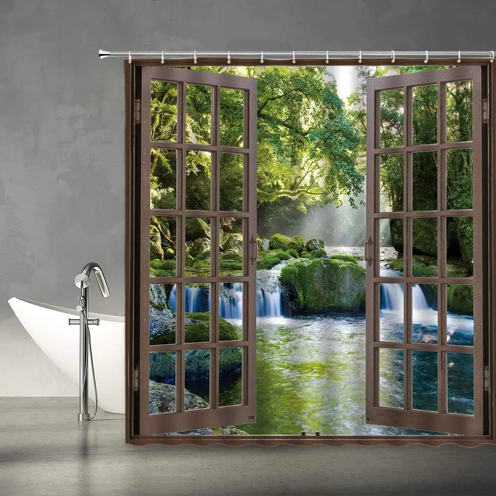 

Waterfall Shower Curtain 3D Forest Green Tree Stone Rainforest River Jungle Landscape Spring Nature Scene Through Wooden Windows