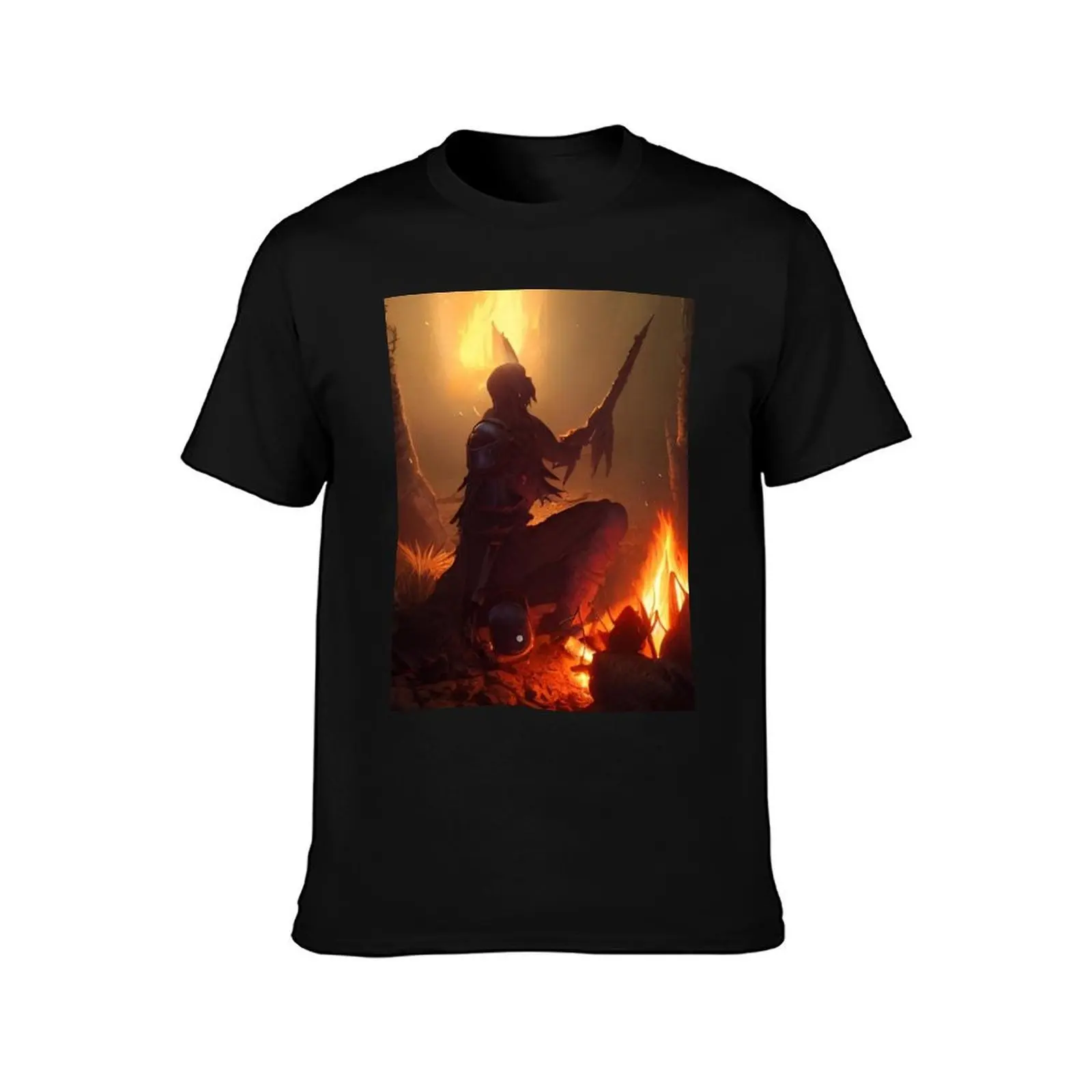 Female Warrior Kneeling By The Bonfire T-Shirt Thanksgiving Day Tee Top T-Shirt