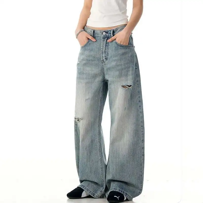 

Denim Simple Men Trousers Hole Design Solid Color Straight Bottom Wide Leg Loose Cleanfit Male Jeans American Style MU1H