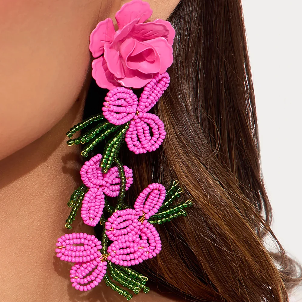 

Bohemian Bead Exaggerated Flower Earrings Dangle Trend Decoration Elegant Colorful Long Tassel Hanging Earrings Prom for Women
