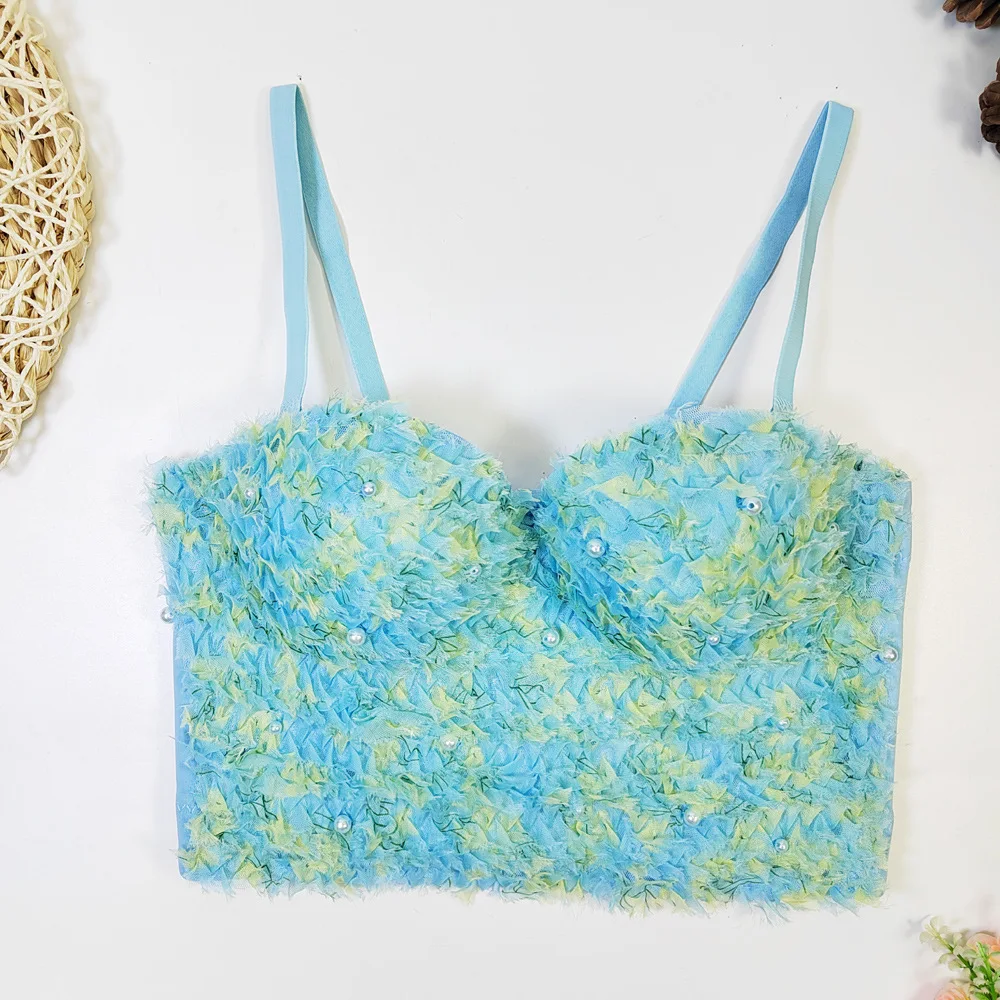 Sweet Cute Light Luxury Fishbone Bra Outer Wear Chest Pad Short Dating Trend All-Matching Tube Top Lace Bead
