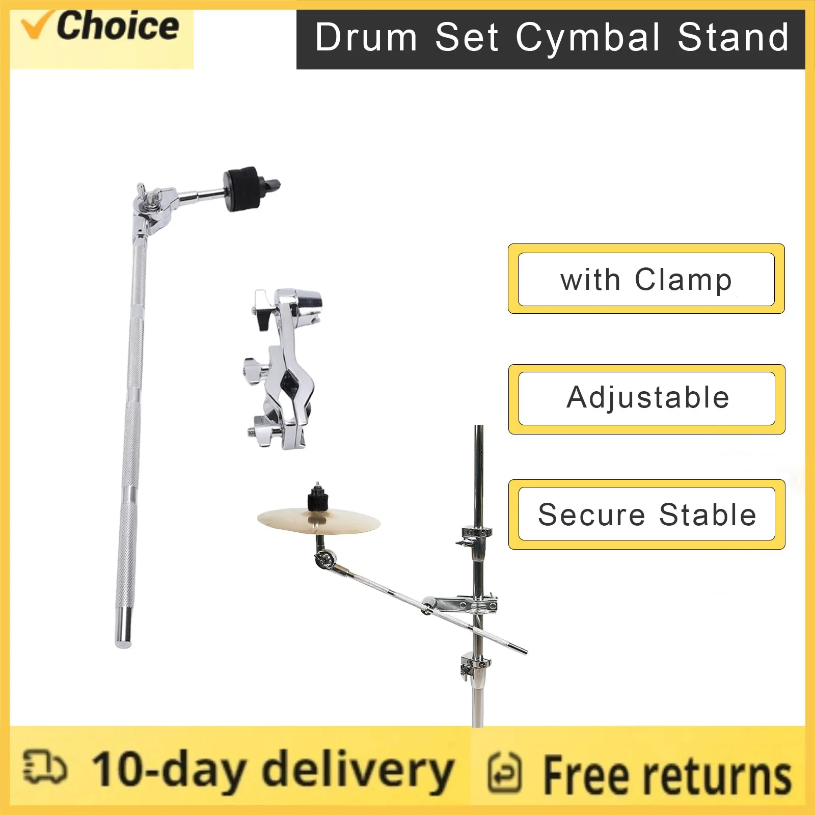 Cymbal Stand L Shape Extension Arm Drum Accessory with Clamp Thickened Knob Anti-vibration Pads Design Angle Length Adjustment
