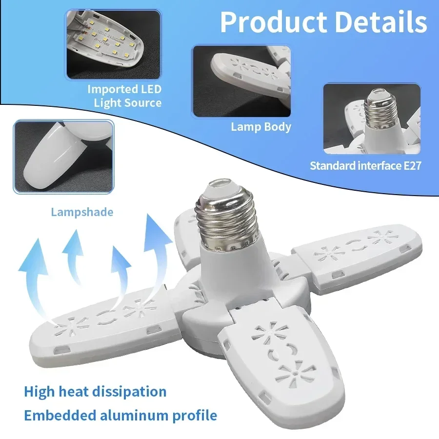 E27 Fan Shape LED Bulb 4Leaf Pendant Light 220V 110V 28W Foldable Light Bulb For Home Living Room Warehouse Garage Ceiling Light image 5