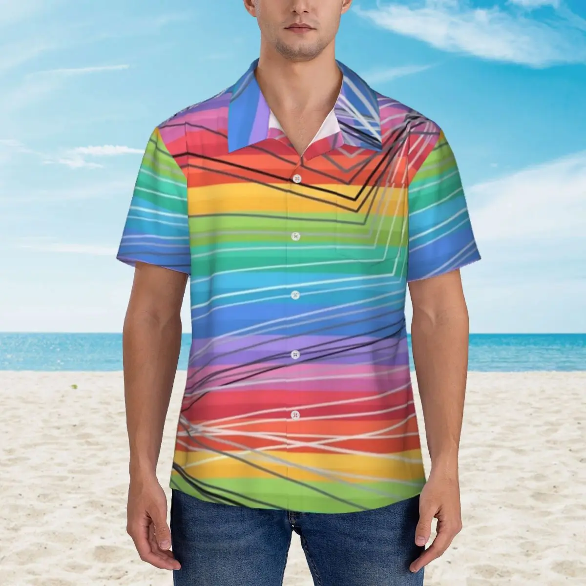 

Geo Print Hawaiian Shirt Male Beach Rainbow Stripes Casual Shirts Short Sleeve Korean Fashion Pattern Elegant Oversized Blouses