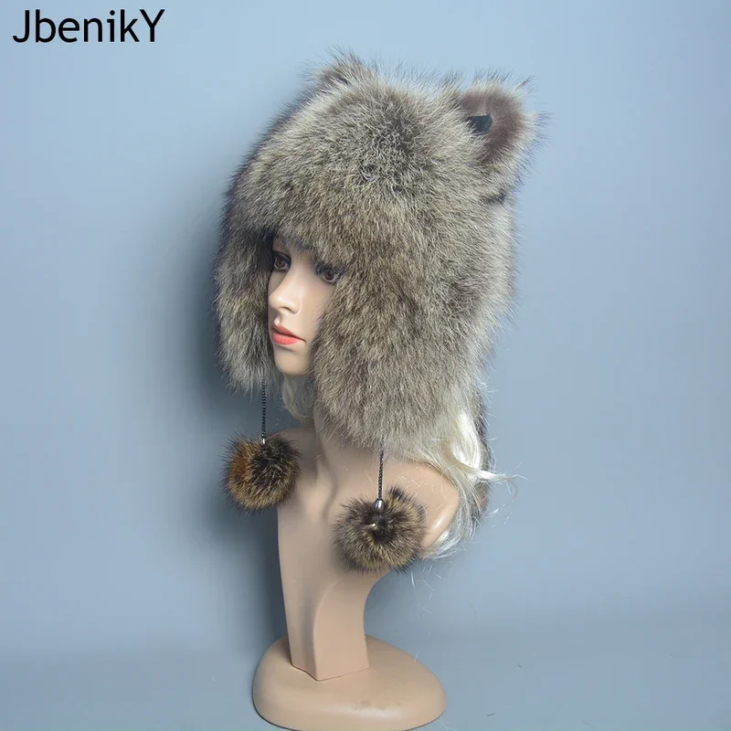 

New natural raccoon fur hat winter warm ear fashion pom-pom hat with tail