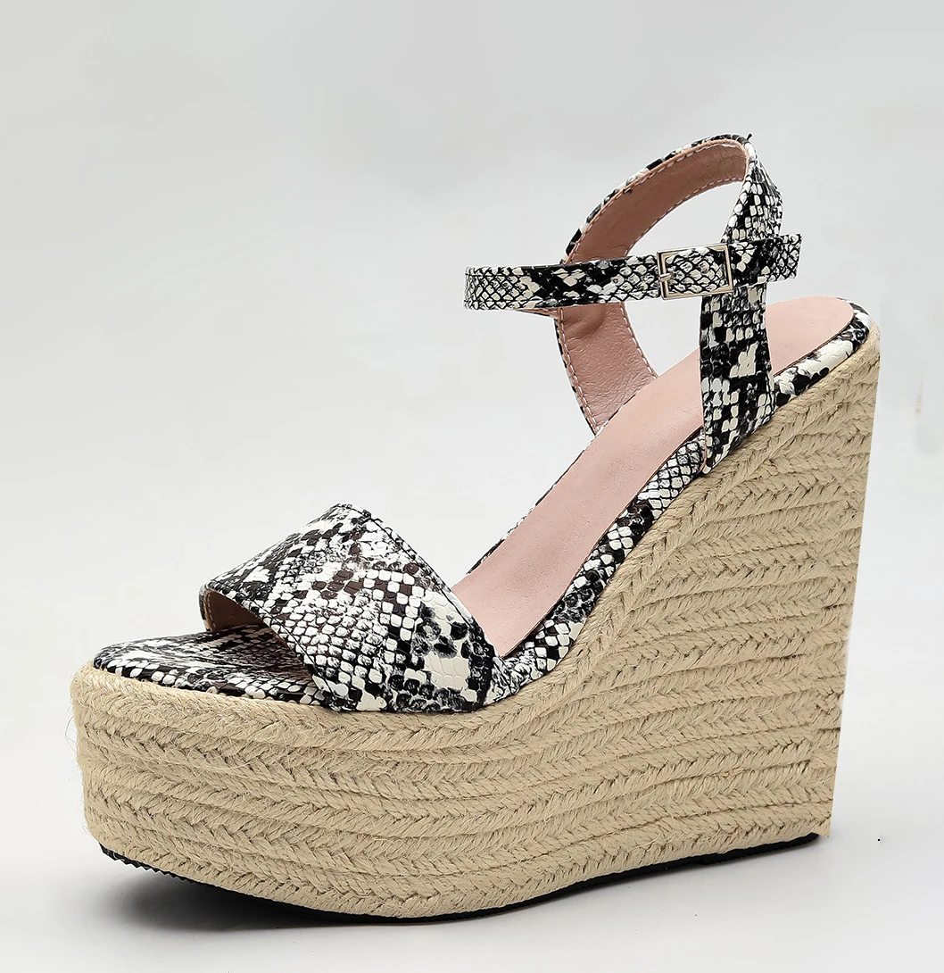 LIHUAMAO snake print wedge 15.5cm height pumps shoes women high heel sandals ankle strap ladies platform espadrilles shoes