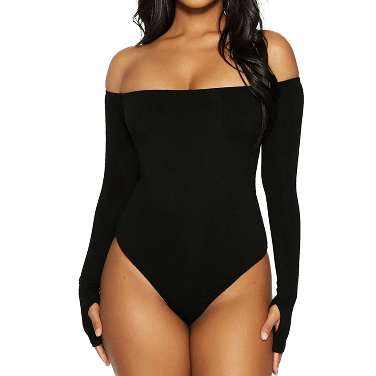 

Off The Shoulder Long Sleeve Bodysuit for Women Sexy Bodycon Slash Neck Sheath Body Shaper Basic Black Overalls Top Shapers