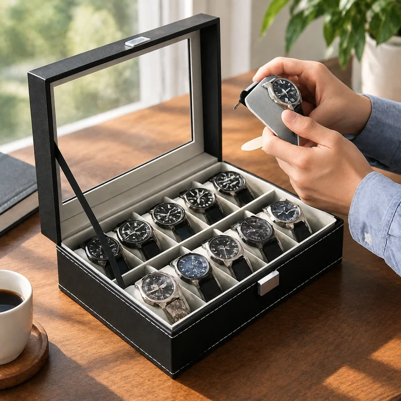PU Leather Watch and Jewelry Organizer with Glass Lid, Multi-Compartment Storage Box for Men, Holds 2-12 Items