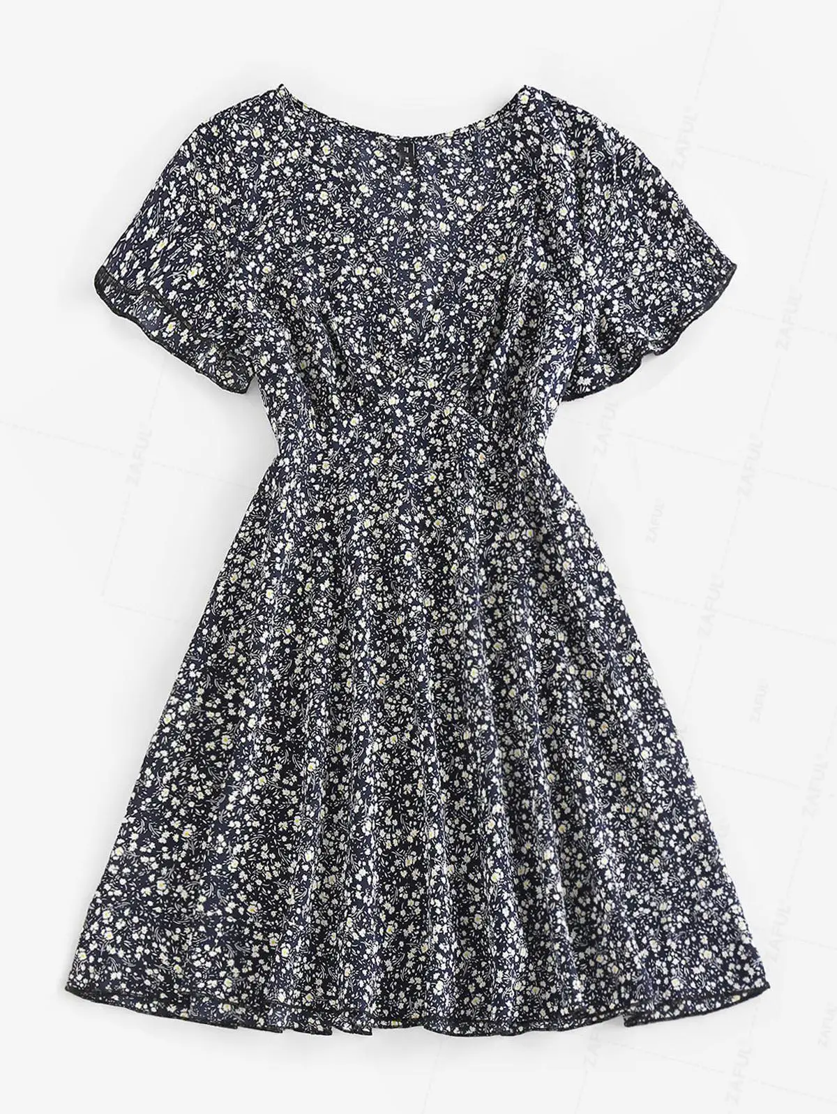 

ZAFUL Tiny Floral Flutter Sleeve Plunging Mini Dress