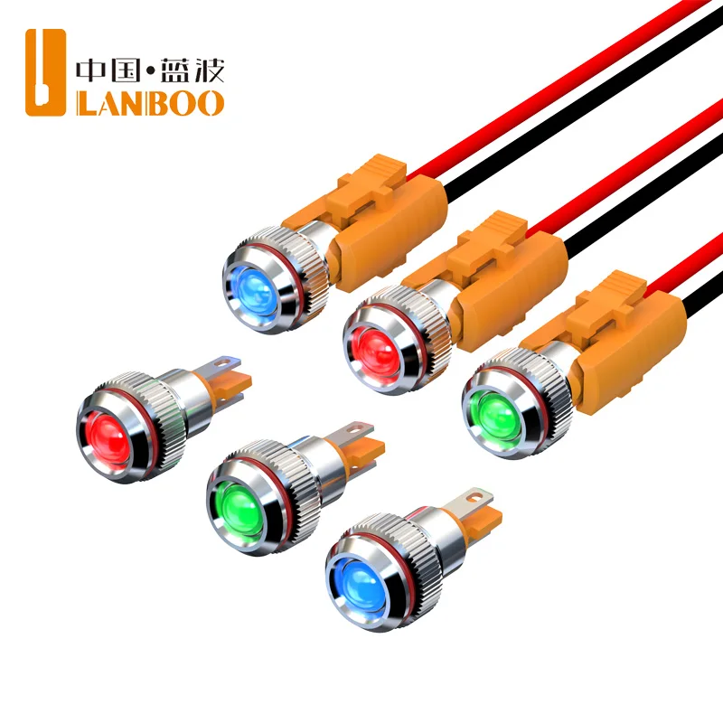 LANBOO 8mm High Brightness Metal LED Indicator Light Pin Type Signal Light Optional Connector 5 for Industrial Electrical