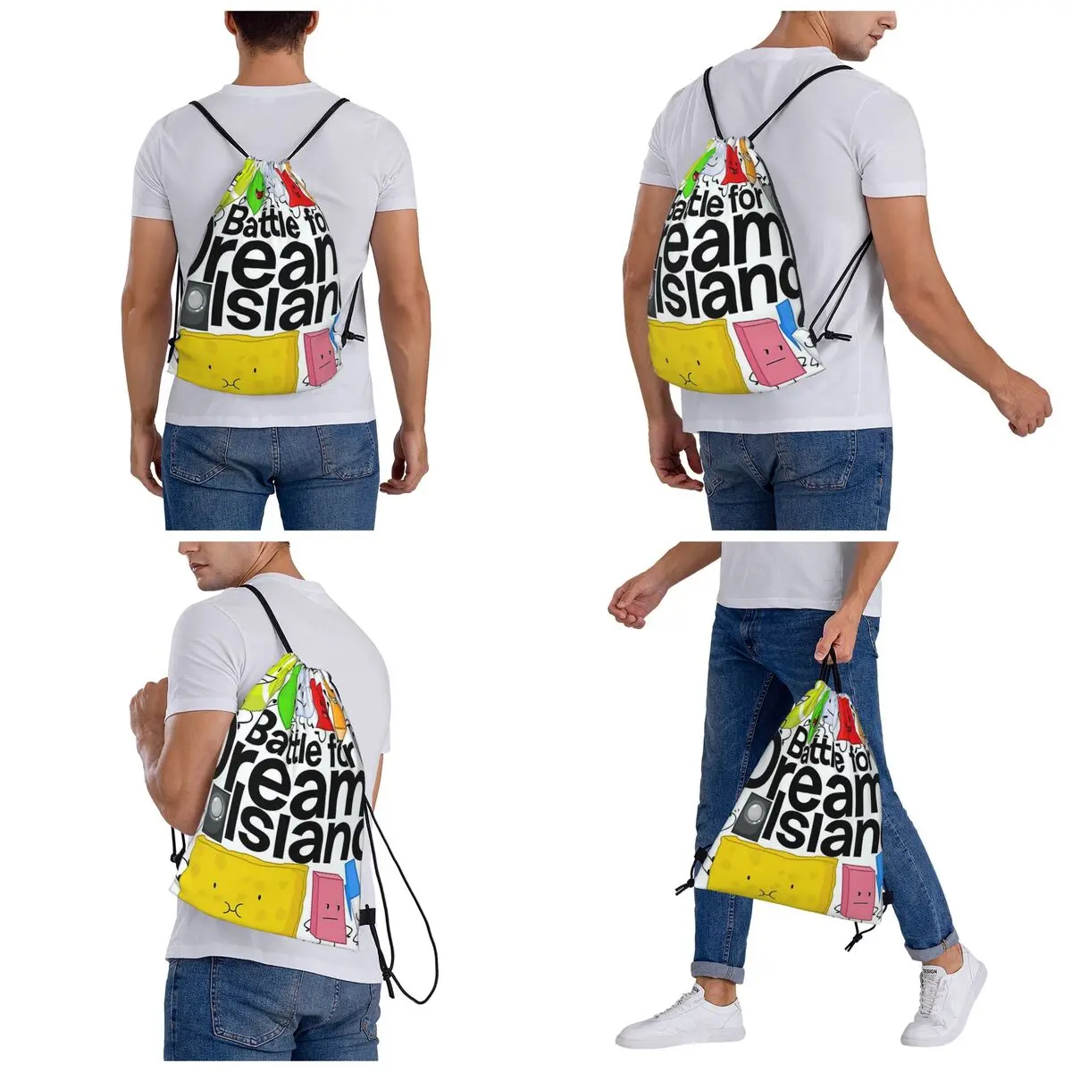 BFDI Poster Zaini bianchi Borse portatili con coulisse Pacchetto con coulisse Scarpe da tasca Borsa Borse per libri per uomo donna Studenti