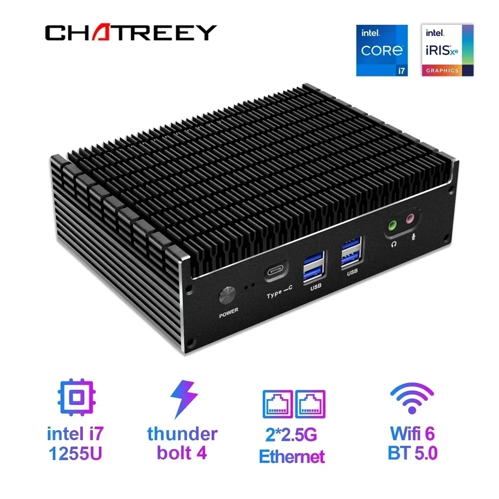 Chatreey IT12-F Fanless Mini PC Intel Core 12 Gen i5 1235U i7 1255U Dual LAN 4K Output Supoort Windows 11 Industrial Computer