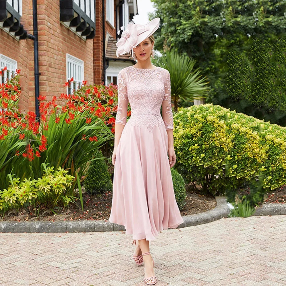 

Charming Latest Pink Mother of the Bride Dress Short 2024 Mother Dresses Mid Calf Length Wedding Guest Gowns Lace 3/4 Sleeves