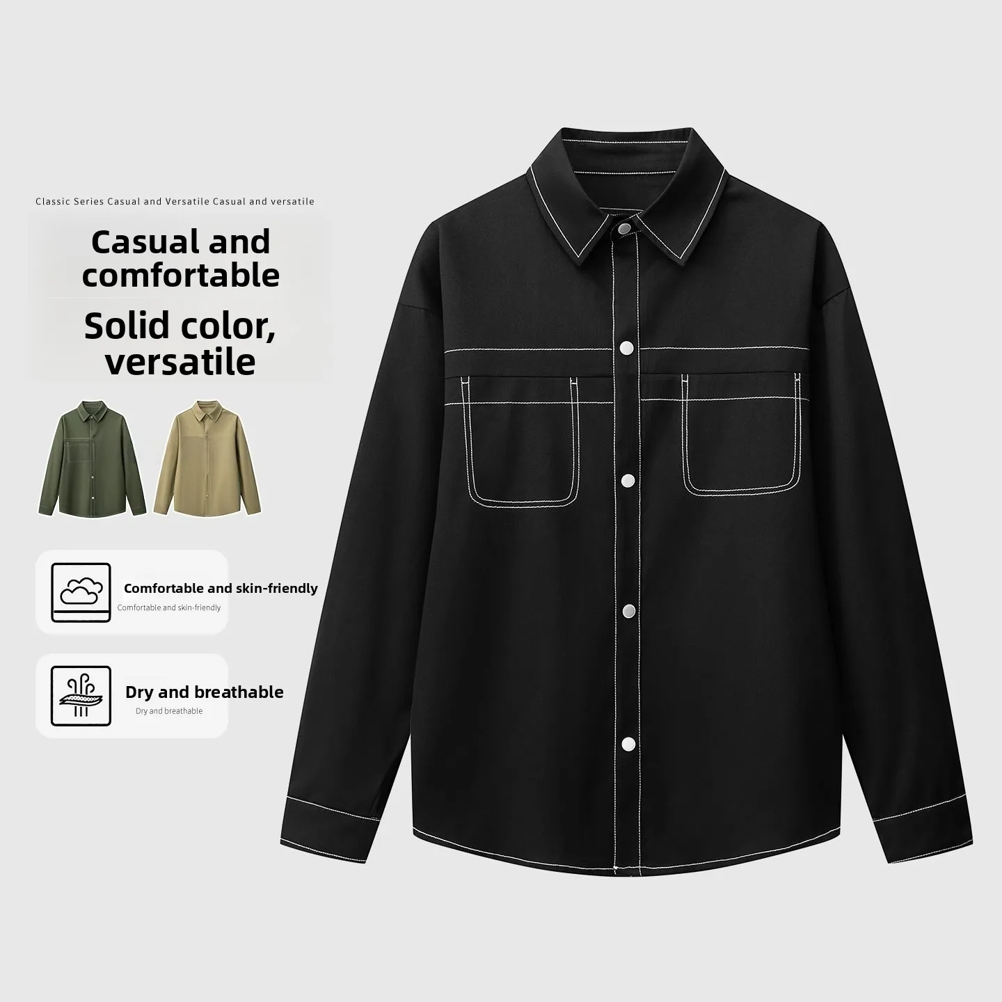 

White Base CS03P42 Polyester Fiber 00% Men's irt Autumn New Sle Versatile Flat Outfit Casual Long Sve Button up