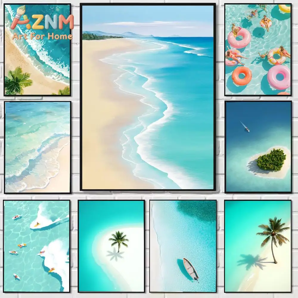 AZNM Summer Tropical Beach Canvas Wall Art Aerial Ocean Island Palm Tree Surf Scenery Print Painting for Living Room Bedroom Hom
