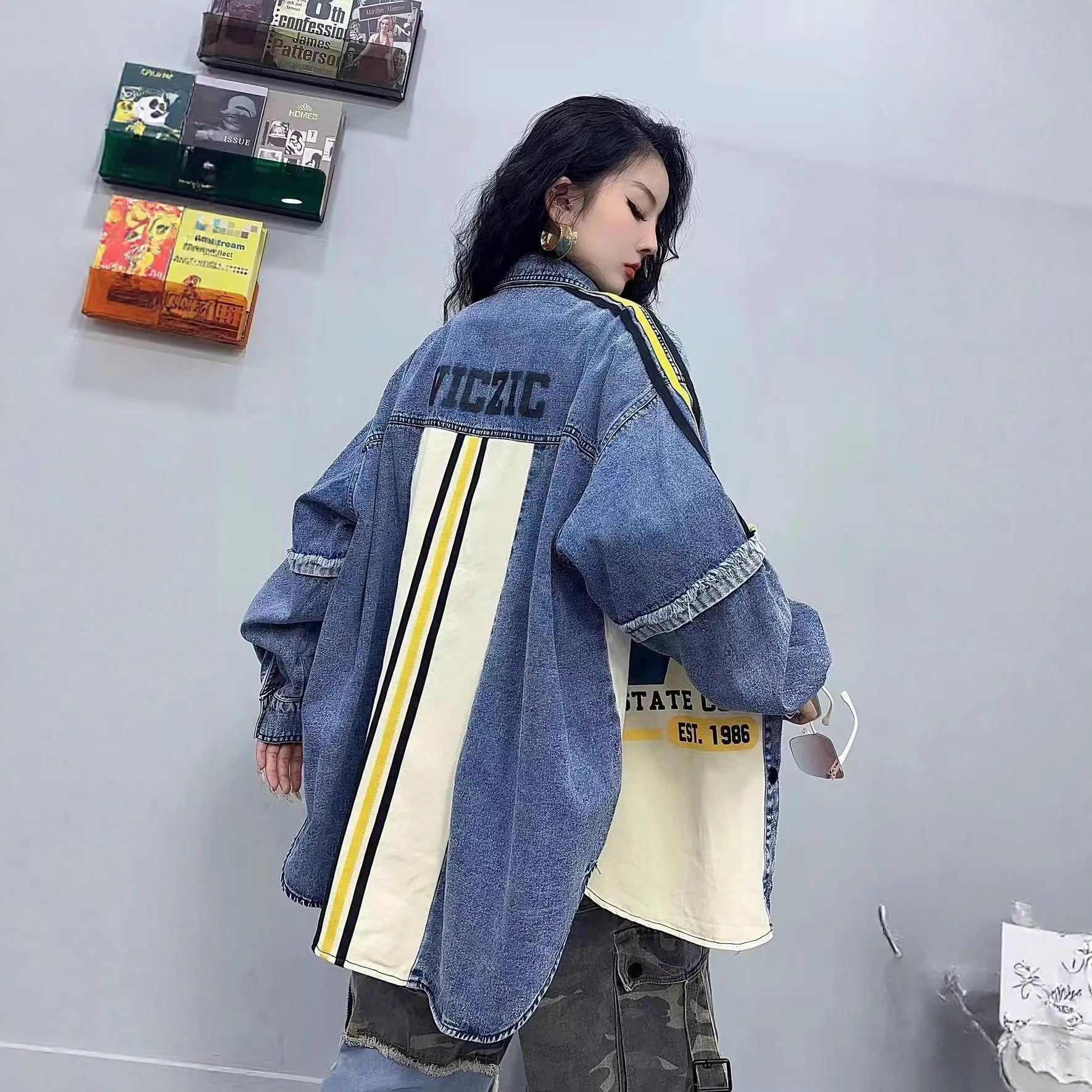 2025 Autumn New Heavy Craft Cartoon Pattern Letter Print Loose Top Female Trendy Denim Shirt Denim Jacket Women Clothing