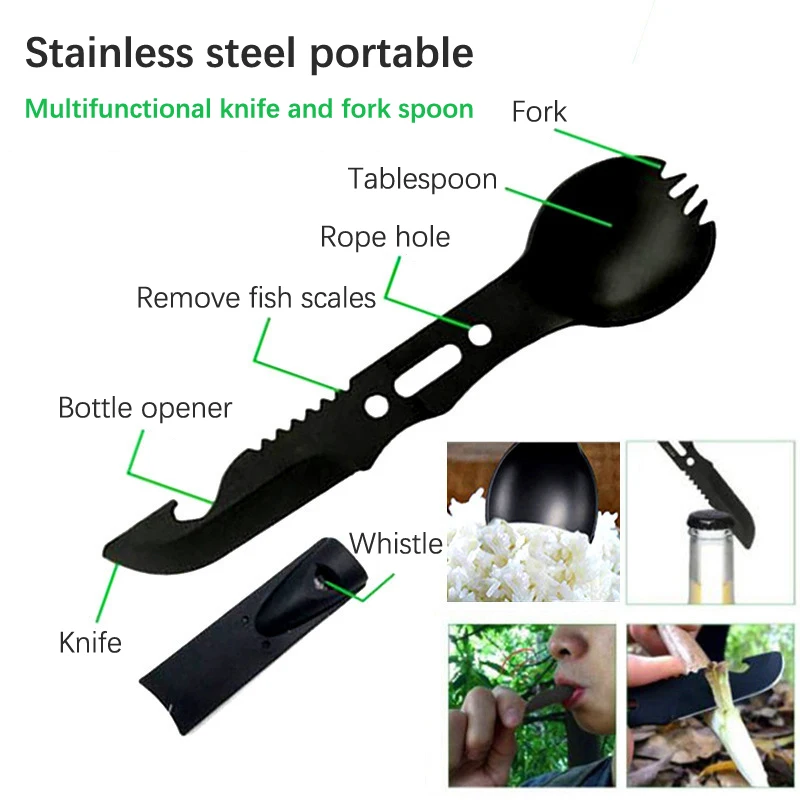 Camping Tableware Outdoor Stainless Steel Knife Fork Spoon Portable Multi-Function Picnic Cutlery Portable Sheath Peel Knife