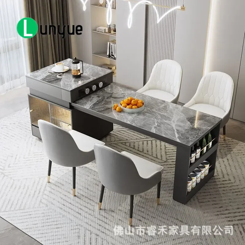 Light Luxury Rock Slab Island Dining Table Retractable Solid Wood Multi Functional Kitchen Bar Table for Small Apartment