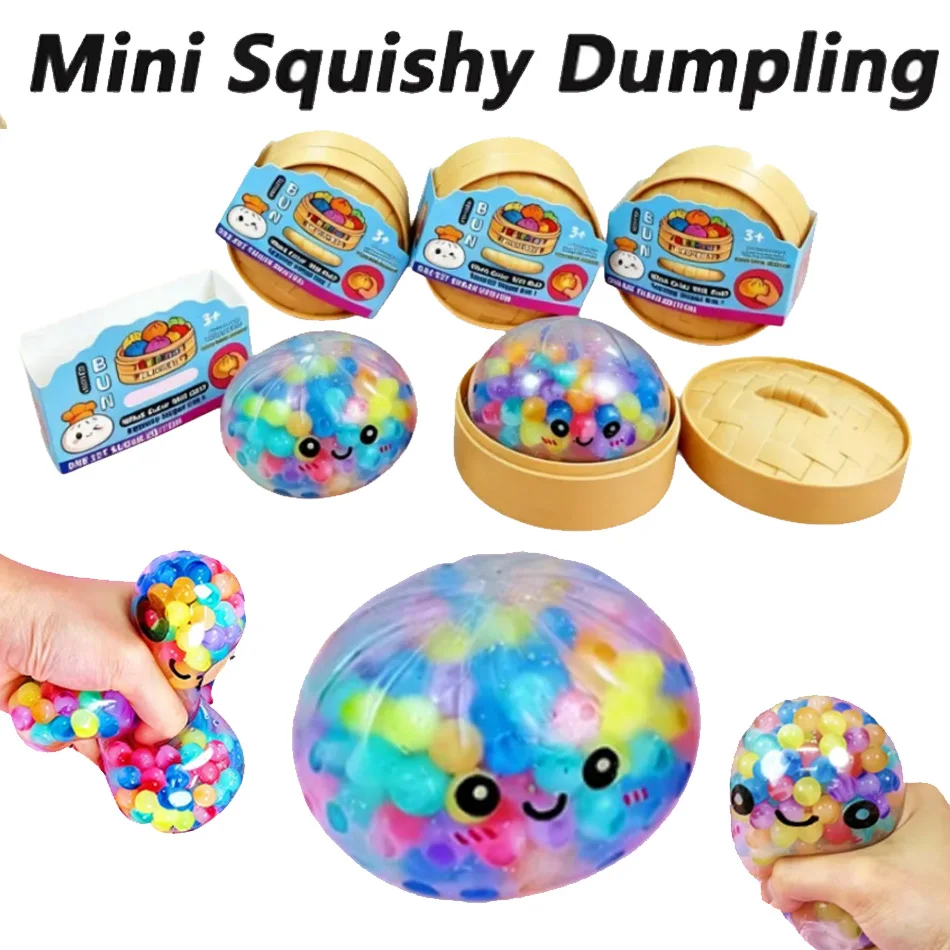 Brinquedo Anti-stress Squishy de Bolinho com Miçangas Coloridas Edição Açúcar – Brinquedo de Apertar Recheado com Miçangas Coloridas para Alívio do Estresse com Estojo de Bambu