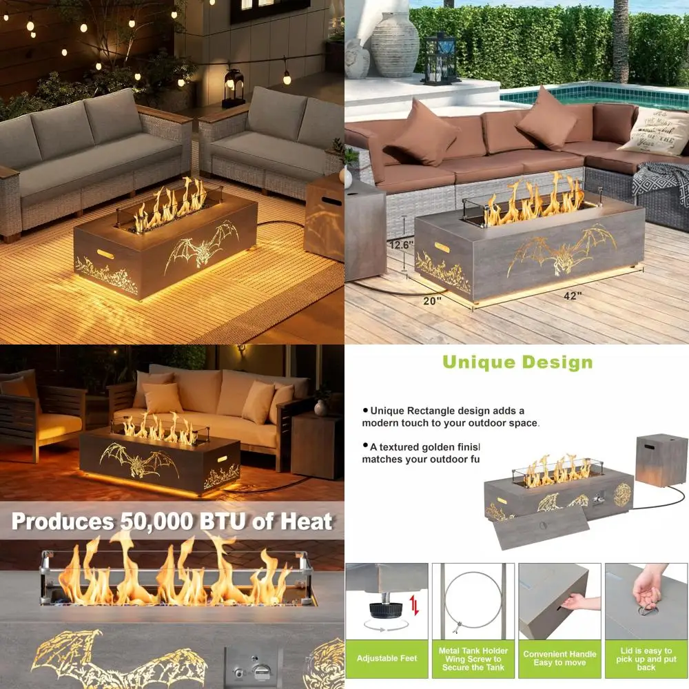 

LED-Illuminated Propane Gas Fire Pit Table - 50,000 BTU, Wind Guard, Lid, Rocks, Cover - Outdoor Patio Heating Solution