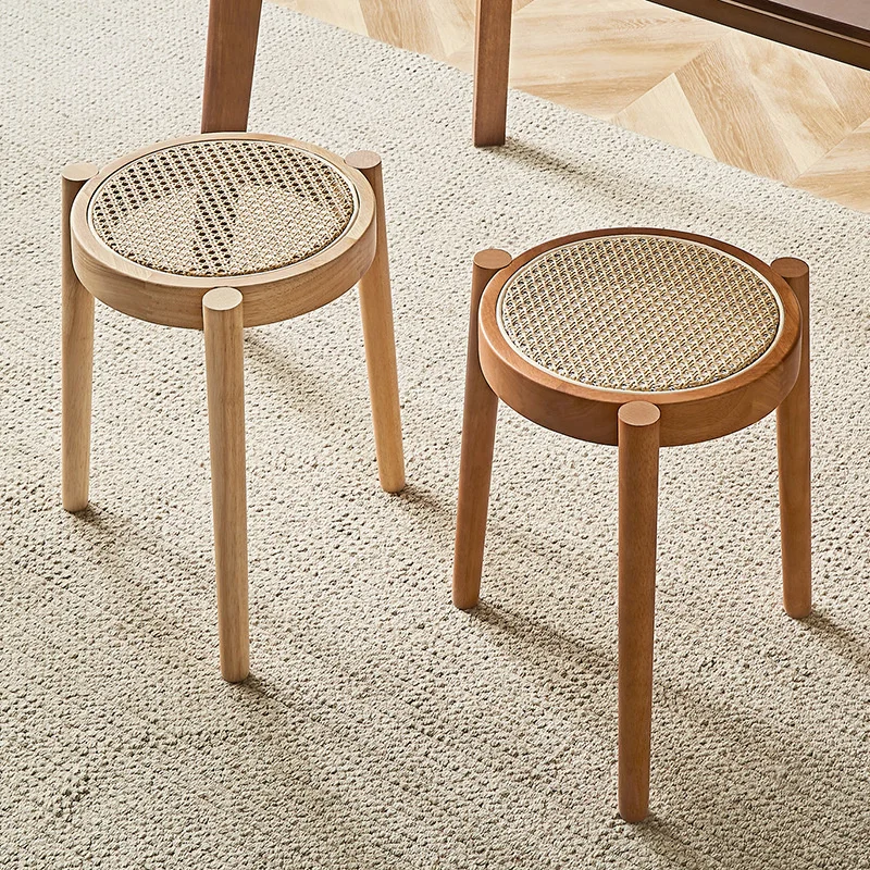 

Nordic Casual Low Stool Roundness Solid Wood Rattan Woven Round Stool Light Luxury Rattan Woven Small Bench for Stacking Shoes