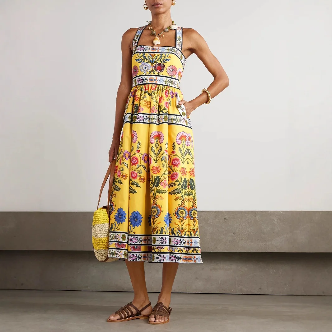 

Summer Sexy Backless Square Neck Long Dresses Women Elegant A-Line Pleated Dress Vintage Floral Print Pocket Holiday Vestidos