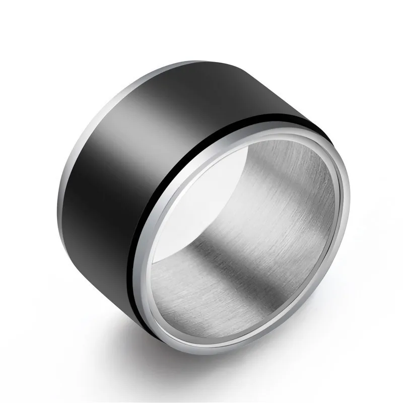 Ultra Wide Spinner Ring for Men Anti-Stress Anxiety Fidget Rotating Rings Black Silver Color Stainless Steel Spinning Ring