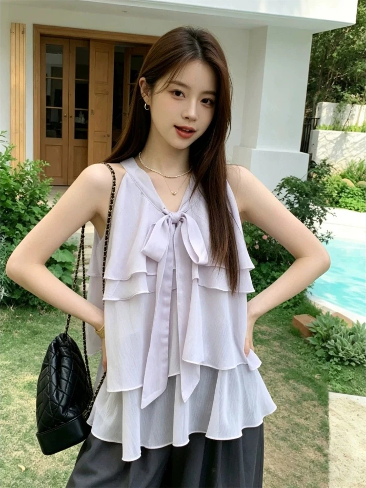 Women's 2026 Summer New French Sweet Ruffle V Neck Tie Chiffon Camisole Top Niche Elegant Y2K Korean Chic Hot Girl Going Out