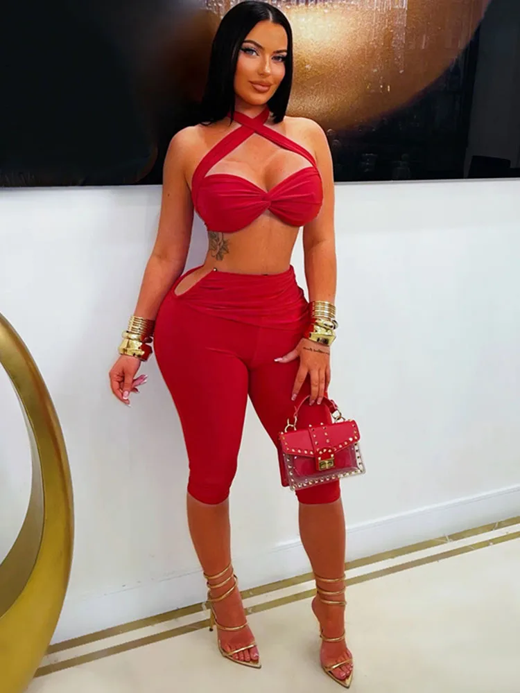 Doyerl Solid Two Piece Set Dames Zomer Outfits Sexy Rave Club Party Halter Gedrapeerde BH Top en Knielange Broek Matchende Sets - afbeelding 2
