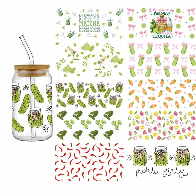 

Summer Drink Design Series Easy Peel Waterproof DIY Decals 3D Transfers UV DTF Stickers 16oz Green Cucumber Theme