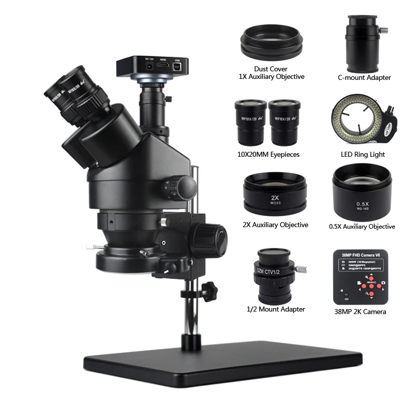 7X-45X Trinocular Stereo Zoom Microscope Big Table Stand and Auxiliary Objective Lens HDMI Digita Camera for Phone PCB Soldering