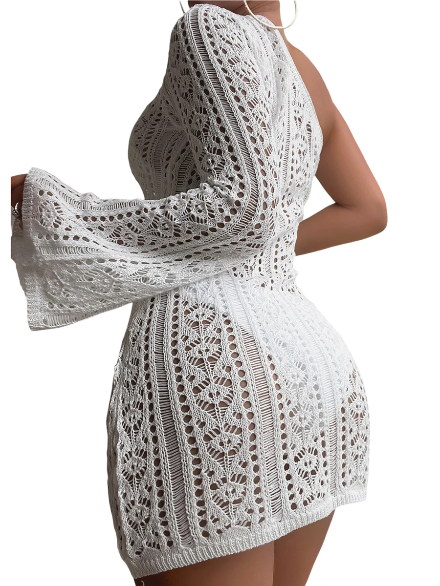 Costume da bagno da donna Boho lavorato a maglia all'uncinetto con spalle scoperte, manica lunga, tunica da spiaggia, top estivo, maglieria scavata