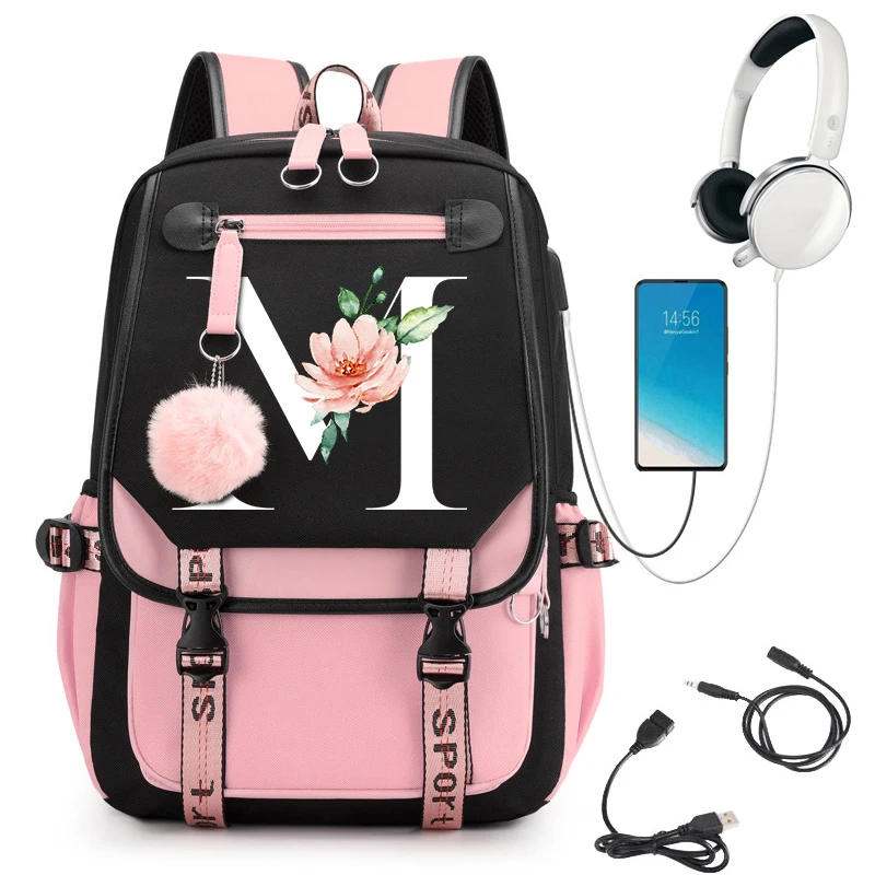 Female Travel Backpacks for School Bag 26 Floral Alphabet Backpack Girls Sports Cartoon Backpacks for Women School Bag for Girls