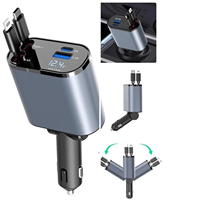 4 IN 1 Retractable Car Charger Type C Cable Dual 2 USB PD Port Fast Charging Adapter For iPhone 16 15 Series For Samsung etc.