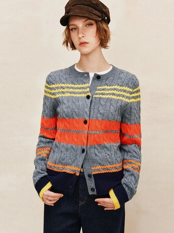 

Rainbow Stripes Woolen Knitted Long Sleeve round Neck Open Cardigan Sweater for Women Autumn Winter Fashion Commute Style