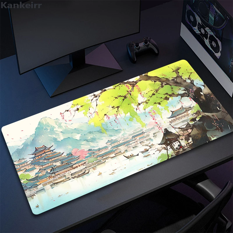 Large Desk Mat Green Guochao Landscape Mousepad Gamer Accessories Mouse Mat Rubber Big Oil painting style Mouse Pad Computer pad