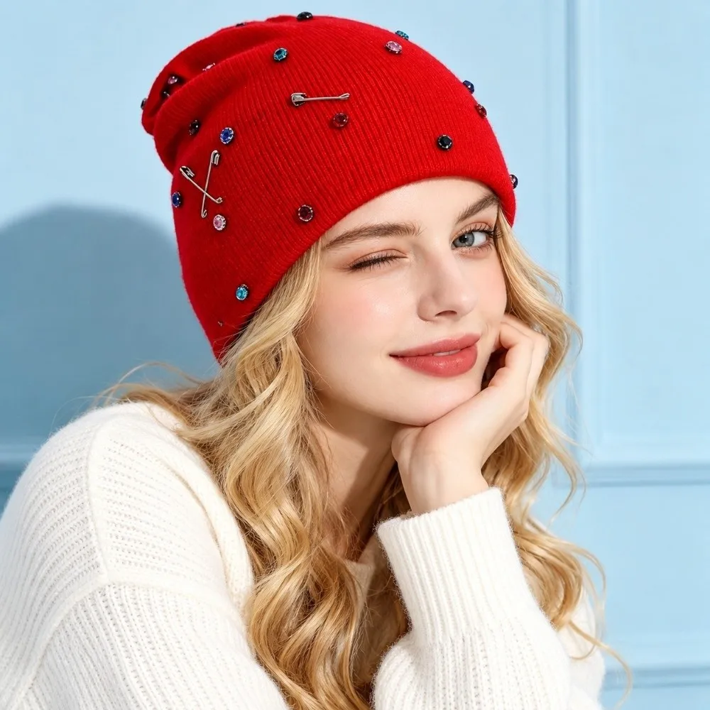 Versatile Ear Protection Rhinestone Beanie Hat Elastic Solid Color Knitted Beanie Hat Loose Fold Cuff Pullover Hat Daily Wear