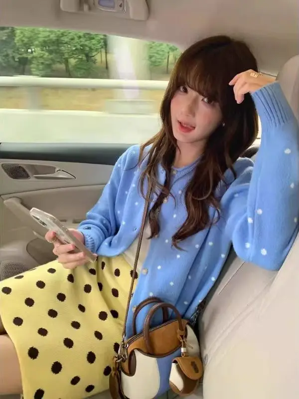 

Korean Sle College Vintage Polka Dot Knitted Sweater Women's Outerwear Spring Autumn Lazy Versatile Slimming Top