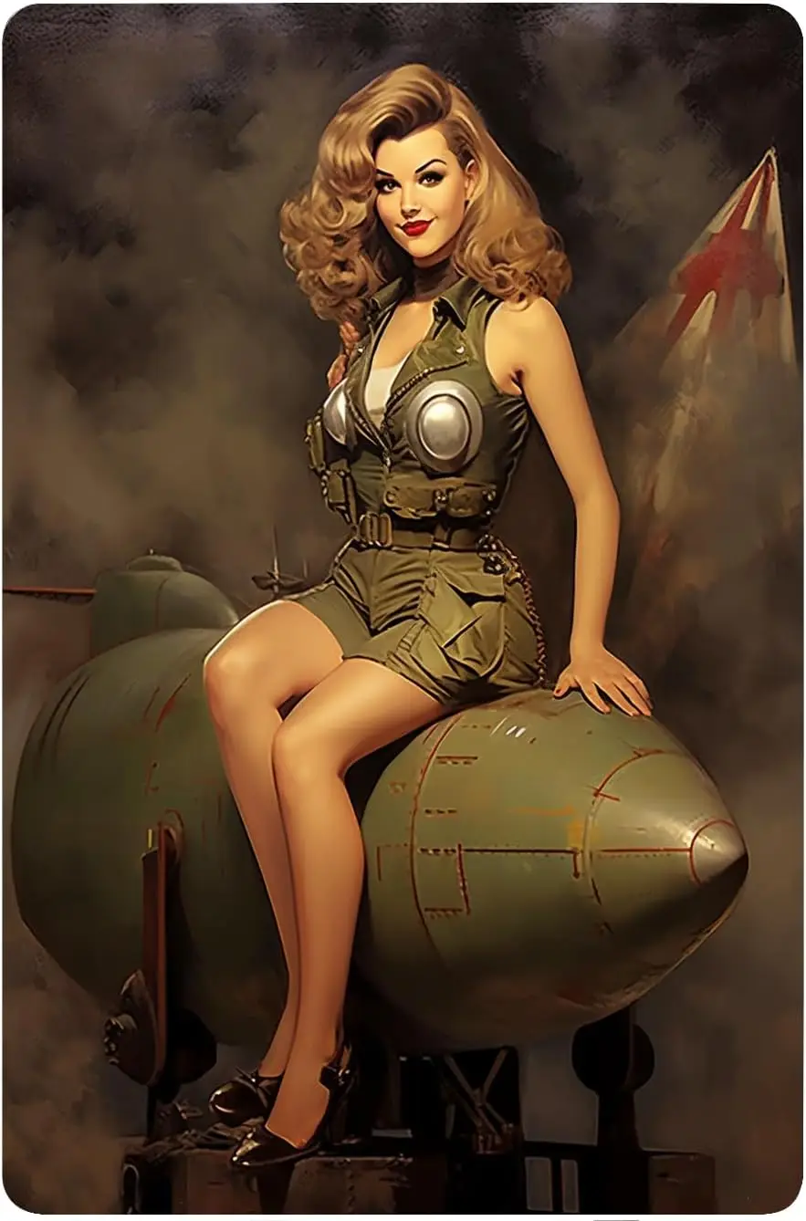 1940s Girl Military Girl sitting on missiles Sign Funny Tin Sign Bar Pub Diner Cafe Wall Decor Home Decor Art Poster Retro Vinta