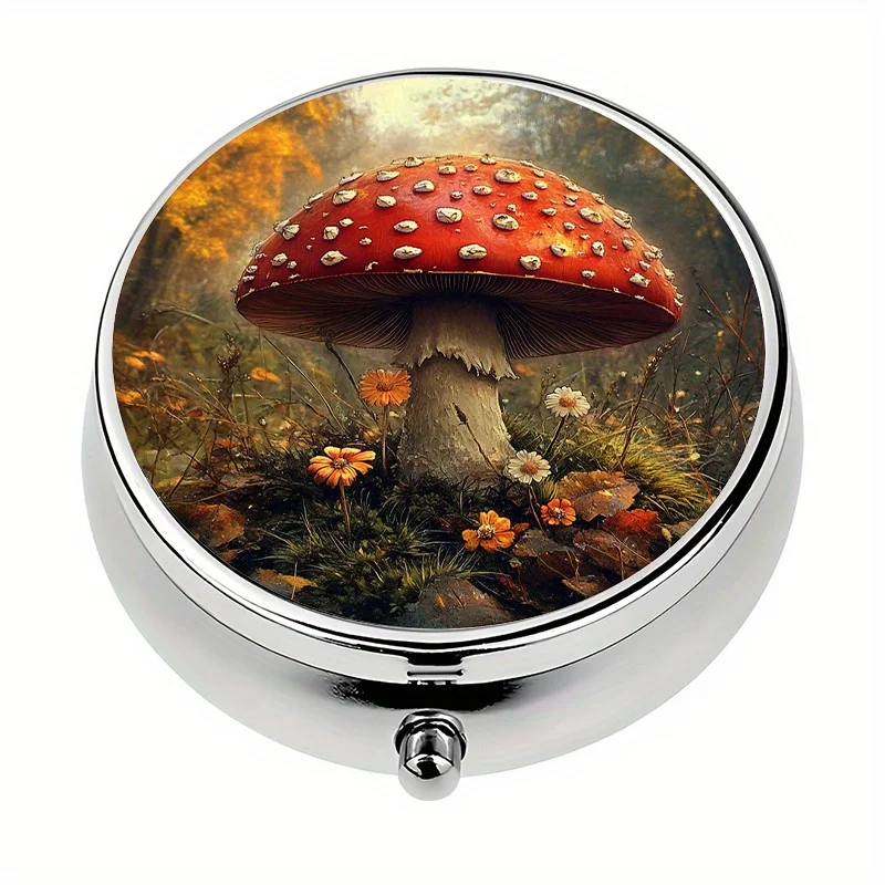 1 pill box with 3 compartments, fantasy forest mushroom-themed mini pill container, medication pill organizer, decorative vitamin storage box for use in or handbags