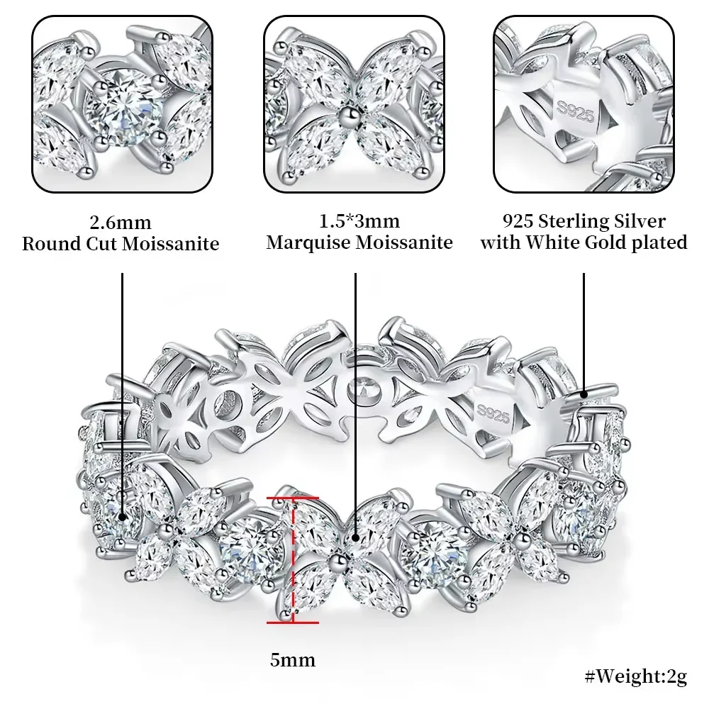Linkerlove Eternity Moissanite Four-leaf Clover Wedding Band for Women S925 Sterling Silver Diamond Engagement Ring Fine Jewelry