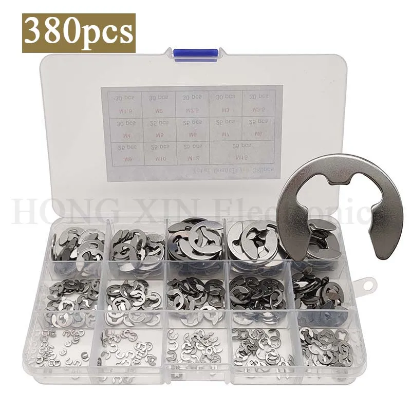 

380Pcs 304 Stainless Steel E Clip Washer Assorted Kit, Circlip External Retaining Ring for Shaft Fastener, 14 Sizes Silver