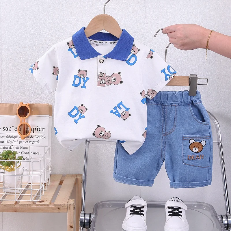 0-5 anni neonato estate vestiti semplici Set Polo orso cartone animato moda per bambini + pantaloncini di jeans abiti 2 pezzi