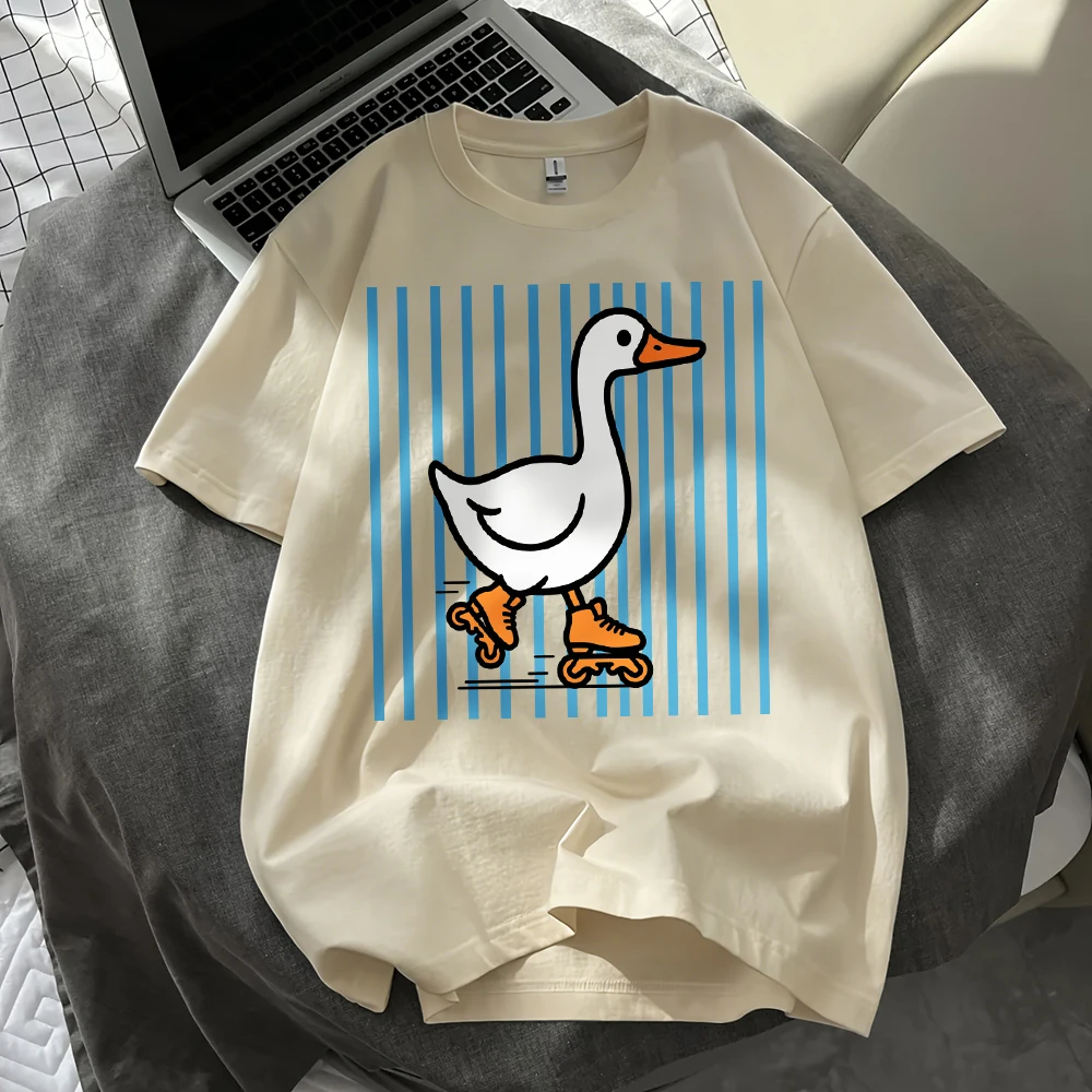 White Goose Roller Skating Print T-Shirts Cotton Womens Summer Oversized Tops Casual Soft Short Sleeve T Shirt Basic O-Neck Tees
