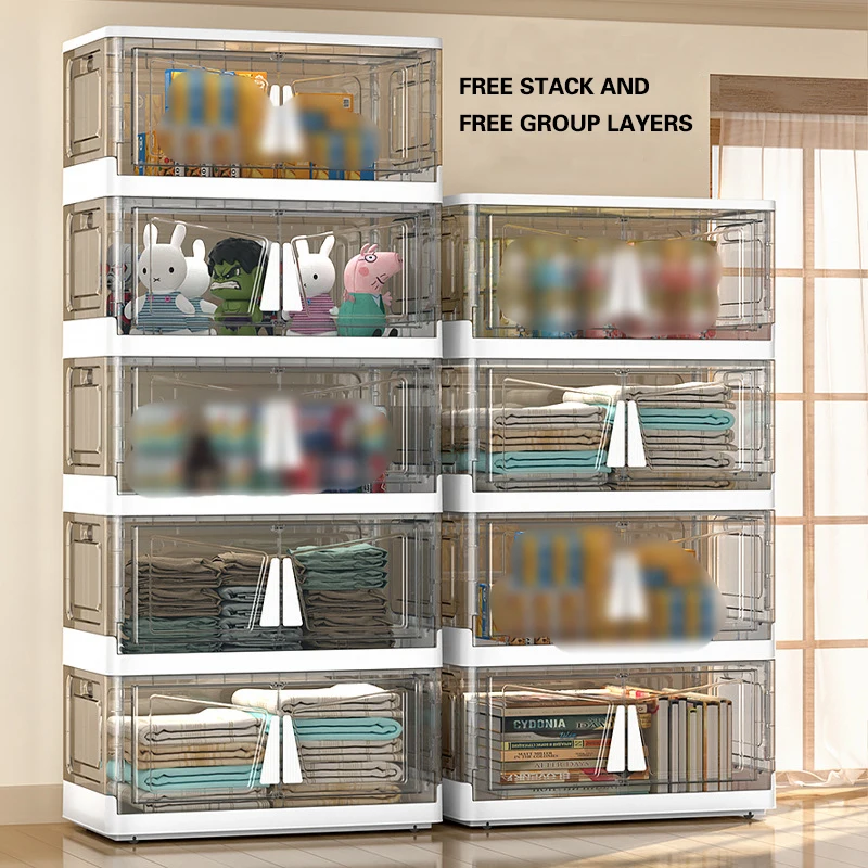 Double Door Folding Storage Box Large Capacity Transparent Clothing Storage Cabinets Snack Organize Lockers Bins With Lid Wheels